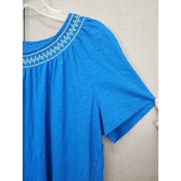 TALBOTS Plus 100% Cotton Slub Knit Blue Smocked Neck Short Sleeve Blouse Size 1X - Picture 2 of 5